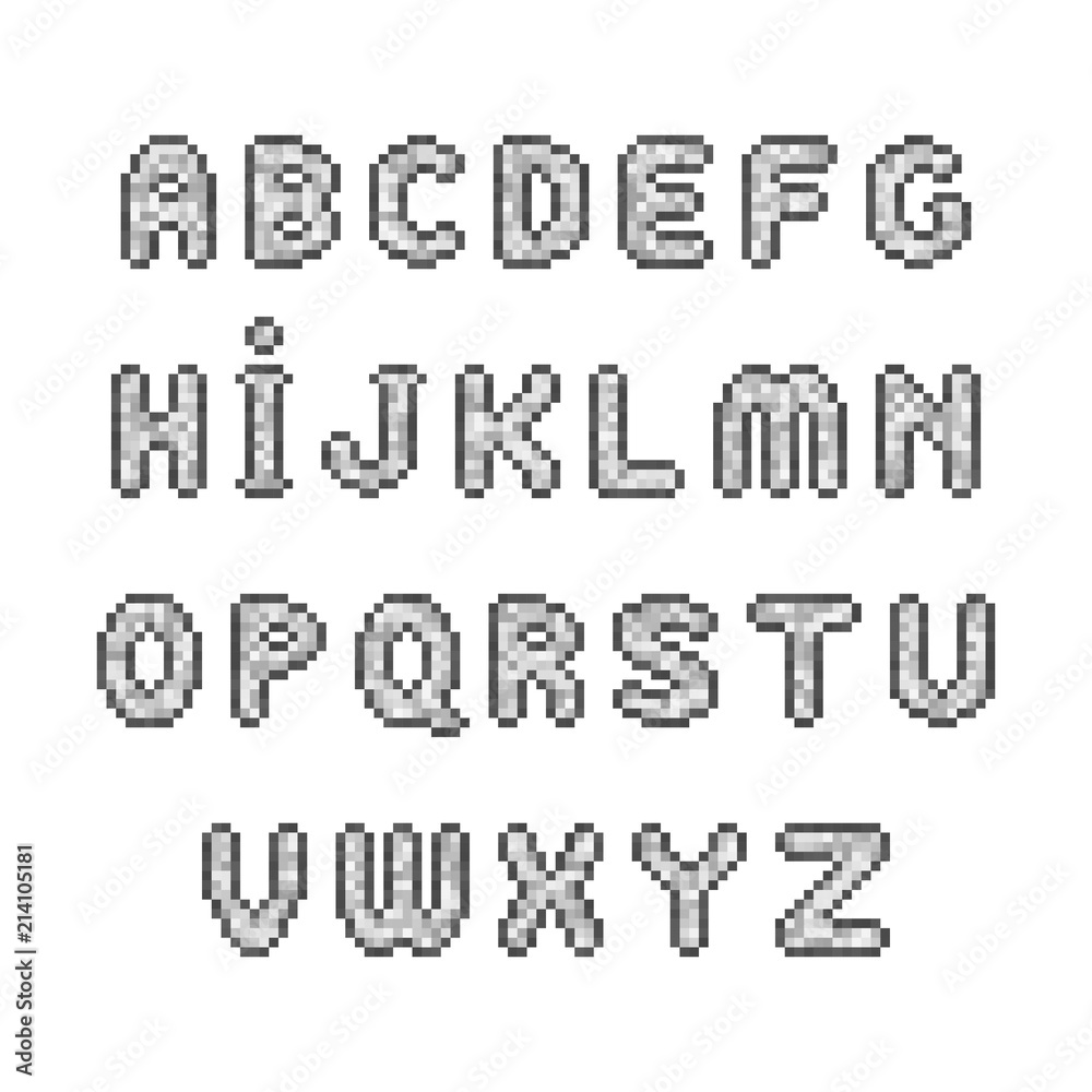 Aufkleber pixel font. vector game alphabet letters set
