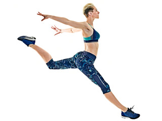 one young caucasian woman runner running jogger jogging studio isolated in white background