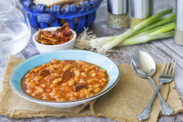 Hot turkish bean stew with a tasty tomato sauce, Turkish Food; Kuru Fasulye.