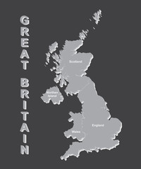 UNITED KINGDOM MAP, UK MAP with borders on grey background.