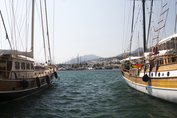 Bodrum, view from Mugla, Turkey. Port with sailing boats