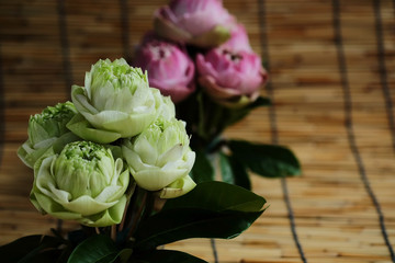 Set of lotus and green leaves in plastic cup and wet oasis on wood mat with space for write wording, new lotus product design for making merit easily and serve customers convenience