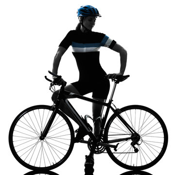 one caucasian cyclist woman cycling riding bicycle standing smiling isolated on white background