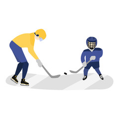 Father and son, adult and kid playing hockey on stadium, flat style vector illustration isolated on white background. Dad and son playing hockey, doing sport activity together, full length portrait