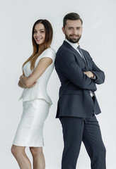 Portrait of business people back to back against white backgroun