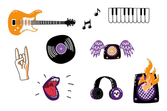 Rock music attributes symbols icon set. Alternative, metal hard rock or instrumental music element. Electric guitar, piano keyboard, rock gesture, vinyl record burning loudspeaker. Vector illustration