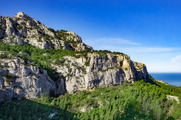 Fototapeta na wymiar Marseilleveyre mountain range in the calanques national park by the Mediterranean sea, Marseille, France