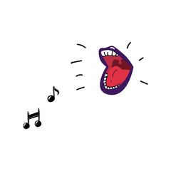 Hand drawn woman mouth open with makeup lips shouting, crying or singing song, music notations, notes set. Rock music or protest symbol. Vector isolated background illustration.