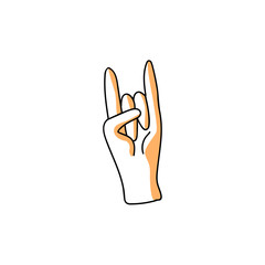 Hand showing rock and roll sign gesture by fingers icon silhouette. Heavy metal, hard classic punk rock music culture symbol. Isolated vector illustration in sketch style.