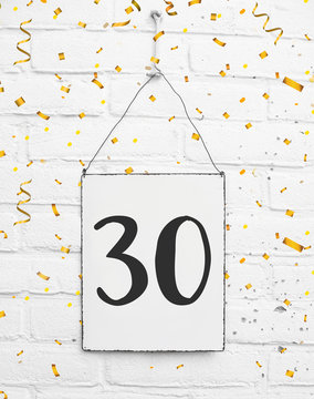 30 years old birthday anniversary party congratulations card text with golden confetti