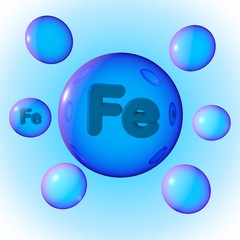 Transparent blue mineral ferrum pills on blue background. Mineral and vitamin complex. 3d illustration