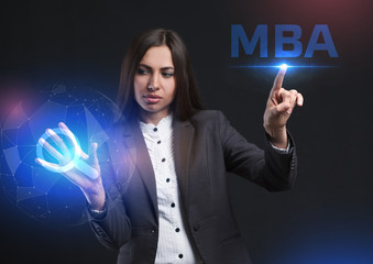 The concept of business, technology, the Internet and the network. A young entrepreneur working on a virtual screen of the future and sees the inscription: MBA