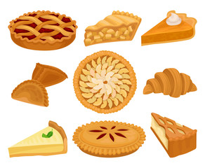 Flat vector set of delicious bakery products. Pies with different fillings, fresh croissant and cheesecake. Sweet food © Happypictures