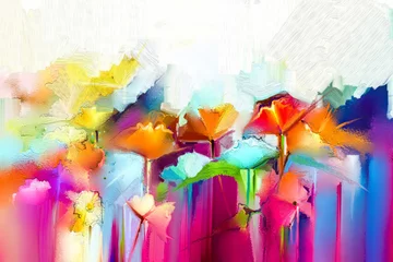 Abstraktes buntes Ölgemälde auf Leinwand. Halb abstraktes Bild von Blumen, in Gelb und Rot mit blauer Farbe. Handgezeichneter Pinselstrich, Ölfarbenbilder. Ölgemälde der modernen Kunst für Hintergrund © nongkran_ch