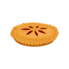 Flat vector icon of delicious pie with strawberry jam. Fresh and sweet bakery product. Sweet food. Culinary theme