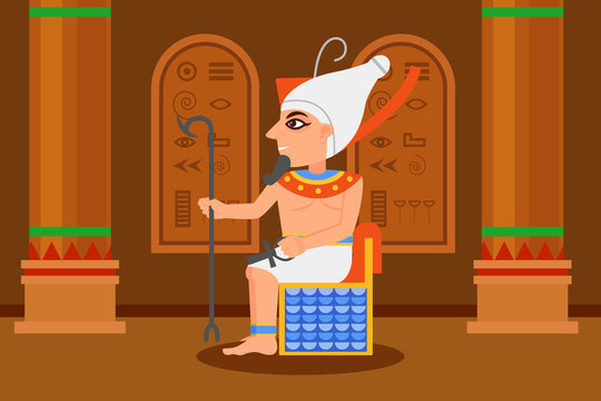 Egyptian Pharaoh Sitting In Throne Room With Hieroglyphs On Walls And Big Columns. Cartoon Man With Scepter And Ankh Cross. Flat Vector