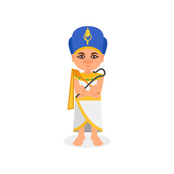 Egyptian pharaoh standing with rod and whip in hands. Ancient Egypt theme. Man in traditional costume and headdress. Flat vector icon