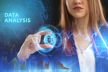 The concept of business, technology, the Internet and the network. A young entrepreneur working on a virtual screen of the future and sees the inscription: Data analysis