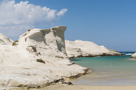 Sarakiniko beach lunar landscape in Milos, Cyclades Islands, Aegean Sea, Greece