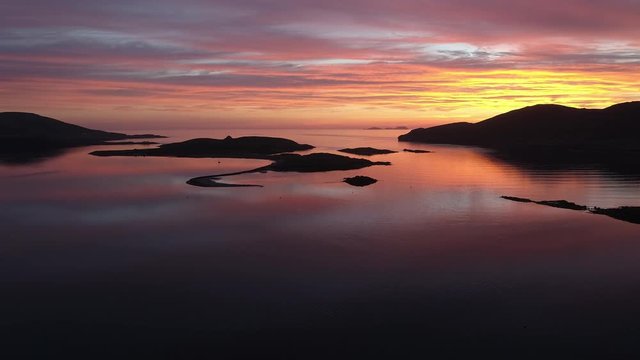 Ireland, Aerial view of colorful sunset, dingle peninsula 