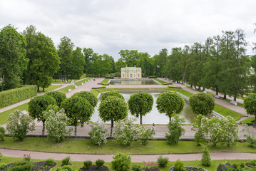 Summer Park with alleys and benches near the footpaths.