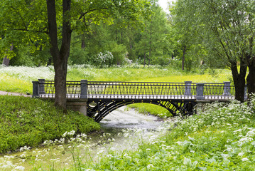 Stone bridge with an arch across the stream in the summer Park.