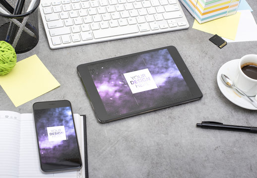 Smartphone and Tablet on Messy Desk Mockup
