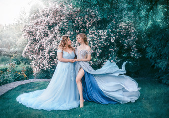 Two, young, adult women hug each other against the background of a flowering tree, a fabulous garden. Princesses in beautiful gray-blue dresses, with a long train that flutter in the wind. Fabulous