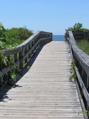 A wooden walkway leading over a hill to the ocean and beach