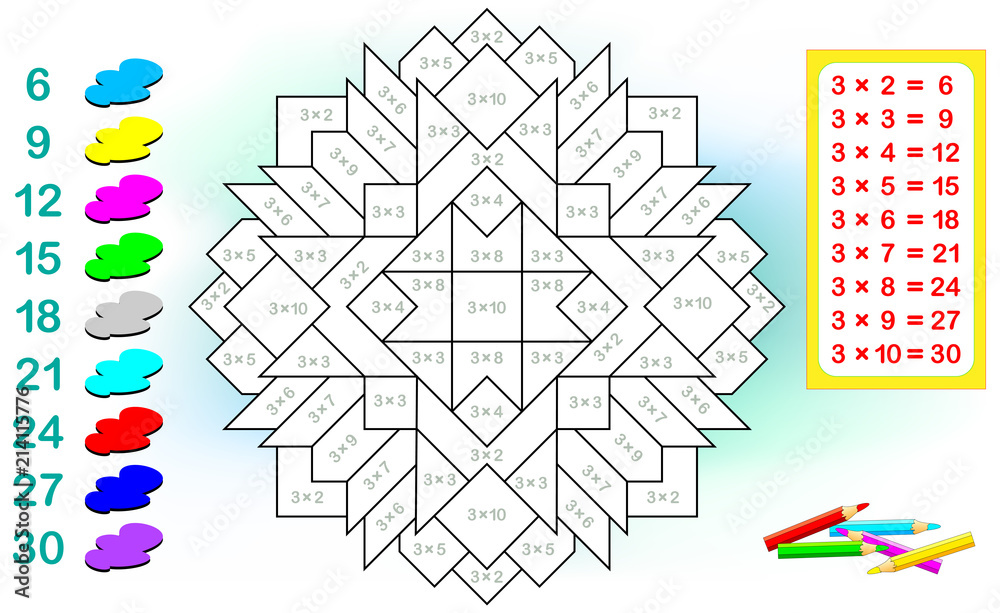 Wall mural worksheet with exercises for children with multiplication by three. need to solve examples and paint