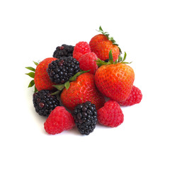 Fresh strawberry, raspberry and blackberry on wooden background, healthy food and diet.