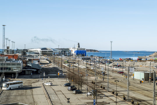 View of the West terminal of Helsinki from the deck of the arriving ferry.