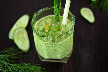 Green gazpacho in a glass. Cold soup of Spanish cuisine