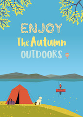 Autumn nature landscape. Colorful cartoon retro style. Autumnal yellow Fall season leisure banner background. Fisherman on calm river water. Alps mountain valley lake view. Outdoor vector Illustration