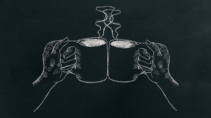 Chalk hand drawing two hands holding coffee cup with steam and cheers on black board.