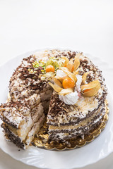 Chocolate cake with walnuts and physalis