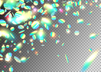 Rainbow holographic effect background with glitter, neon, light foil particles. Iridescent round shape fraction at diagonal dynamic composition. Motion glitch explosion