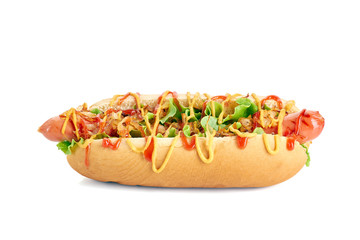 Juicy hot dog with lettuce and fried onion on white