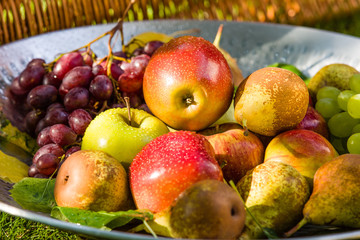 Fruit in a bowl - apples, pears and grapes