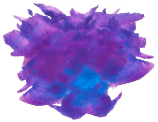 watercolor purple with blue spots stain on white background. background for design element.