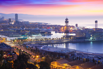Fototapeta na wymiar Port Vell at Barcelona in dawn time. Catalonia
