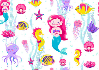 Mermaid seamless pattern vector illustration. Endless background for child print with ocean fish, seahorse, jellyfish, star, coral, octopus on white