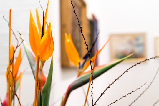 orangefarbene Blumen mit spitzzulaufenden Bl&uuml;tenbl&auml;ttern in einem Gesteck mit kahlen Zweigenvor Gem&auml;lden als Hintergrund
