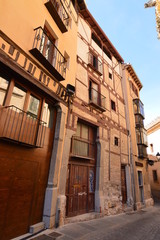 Fototapeta na wymiar Nice Medieval Style Building On One Of The Narrow Streets Of Segovia. Architecture History Travel. June 18, 2018. Segovia Castilla-Leon Spain.
