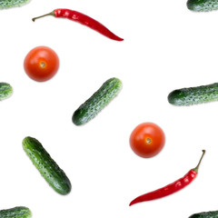 Seamless pattern with cucumber, tomato  and red  hot pepper. Vegetables abstract background. Cucumber the white background.