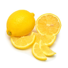 Lemons creative whole and slices isolated on white background. Yellow fruit. Flat lay, top view
