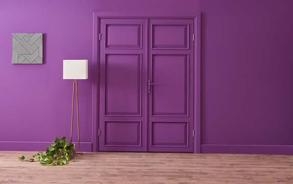 purple room and door concept with white lamp
