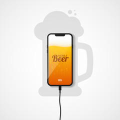 The smartphone lies on the plane connected to the charger. Silhouette of a mug of beer. The phone's screen shows a light beer with bubbles of gas and foam. Vector illustration.