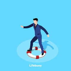 the man in a business suit is standing on the life ring keeping his balance, isometric image