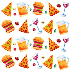 Seamless pattern with wine, beer, assorted pizza and vegetables. Hand drawn watercolor illustration